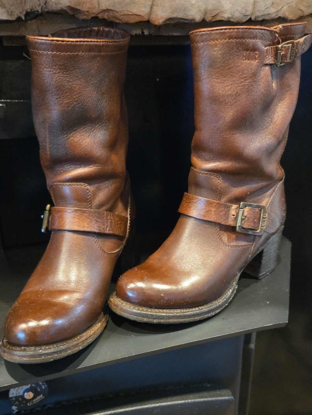 Frye Brown Leather Engineer Mid-Calf Buckle Heeled Boots - Picture 1 of 5